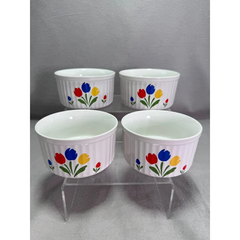 4 Tulip Tyme Ramekins Stoneware 80s VTG Floral Primary Colors Japan Fluted Edge